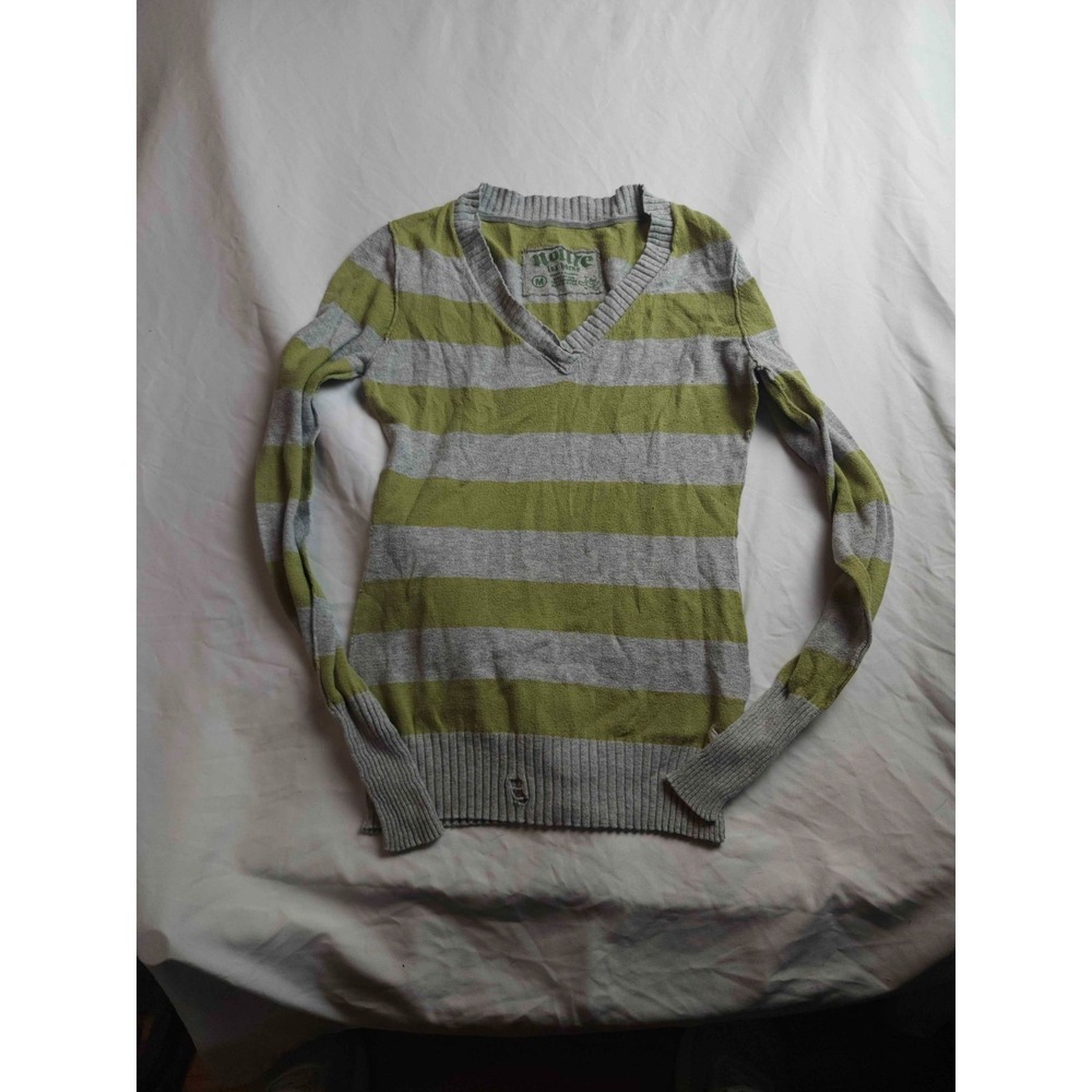 Hollie Sweater Womens Medium Gray Green Striped Knit Cashmere Blend V-Neck Cozy